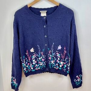 Northern Reflections Navy Blue Knit Pink & White Embroidered Flowers Cardigan